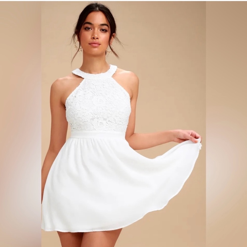 NWT Lulu’s Lover’s Game White Lace Skater Dress